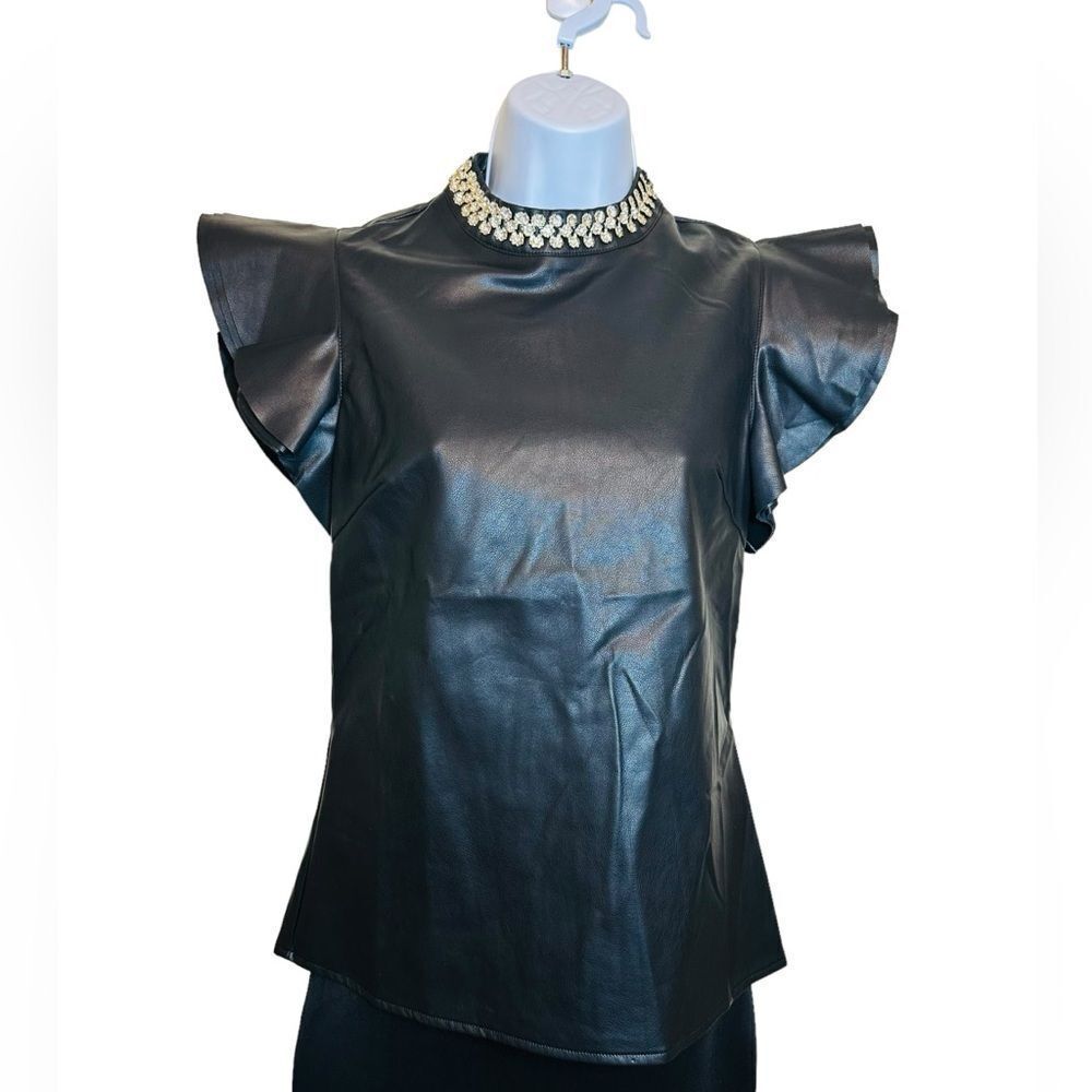 GRACIA Faux Leather Ruffled Sleeve Top In Black Studded Neckline Size Small NWT